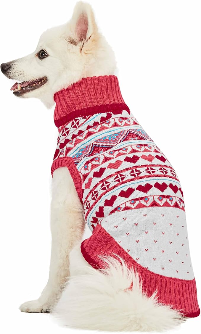 Blueberry Pet Fair Isle Style Chic Coral Pullover Dog Sweater with Heart, Back Length 20", Pack of 1 Clothes for Dogs