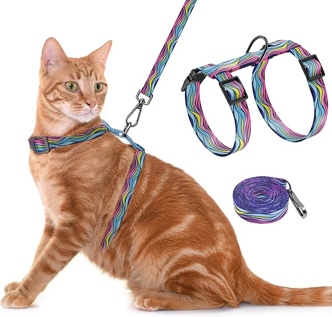 Seyezo Cat Harness and Leash Set, Adjustable Kitten Harness Escape Proof Cats Harness, Soft Lightweight Walking Travel Pet Harness, Cute Kitty Harness Leash Set for Small Medium Cats, Colourful Waves