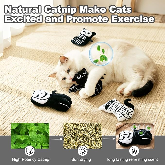 Retro Shaw Catnip Toys, 4 Pack, Horror Goth Cat Toys for Indoor Cats Kitten, Crinkle Interactive Cat Nip Kitty Toys for All Breeds (3.7 Inches)