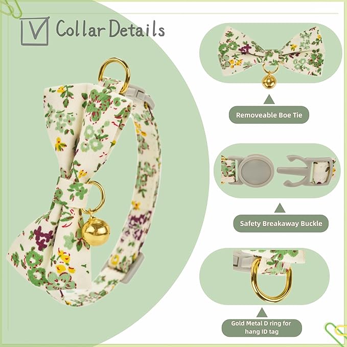 2 Pack Cute Cat Collar with Bow Tie & Bell, Adjustable Green Floral/Gingham Check Kitten Collars with Safety Breakaway Buckle for Cats & Small Dogs(GN Fl+Plaid)