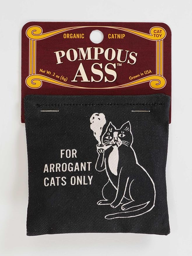 Blue Q Pompous Catnip Toys - Durable Cat Toys for Biting, Premium USA-Grown Organic Catnip, Pet Supplies, 100% Silk-Screened Cotton Pouch w/Funny Kitty Graphics, Cute Cat Birthday Gift Ideas