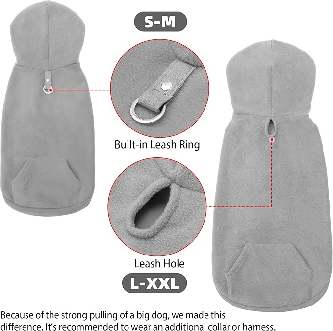 EXPAWLORER Dog Hoodie Fleece Sweater Vest, Hooded Dog Sweatshirt Fall Winter Pet Clothes with Leash Hole, Sleeveless Warm Cozy Puppy Clothing for Cat Small Medium Large Dogs Girl Boy, Grey XL