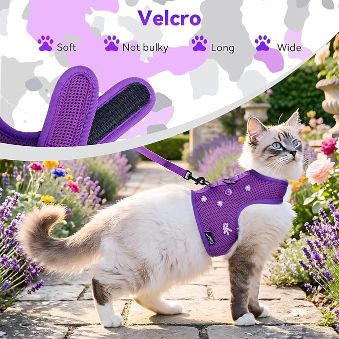 Cat Harness and Leash for Walking Escape Proof Breathable Mesh Fabric, Purple, Medium, Adjustable Cat Walking Jackets, Padded Stylish Cat Vest