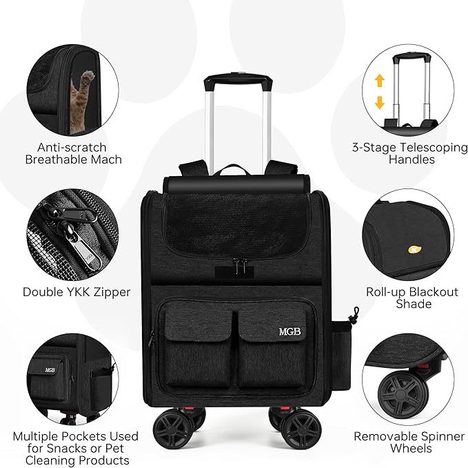 MGB Rolling Cat Carrier with Wheels: Dog Carrier for Small Dogs & Large Cats, Large Cat Carrier with YKK Zipper, Large Capacity, Breathable Mesh, Side Pocket, Black (Not for Airline)