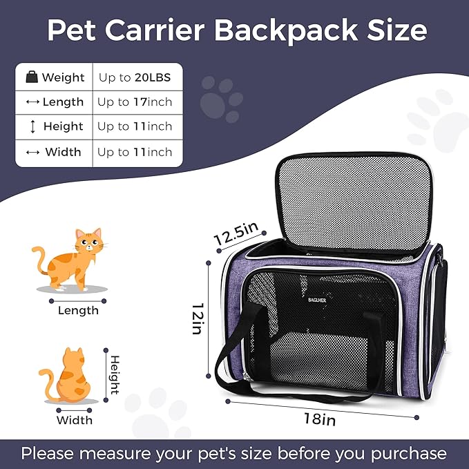 BAGLHER Pet Travel Carrier, Cat Carriers Dog Carrier for Small Medium Cats Dogs Puppies, Airline Approved Small Dog Carrier Soft Sided, Collapsible Puppy Carrier, Purple