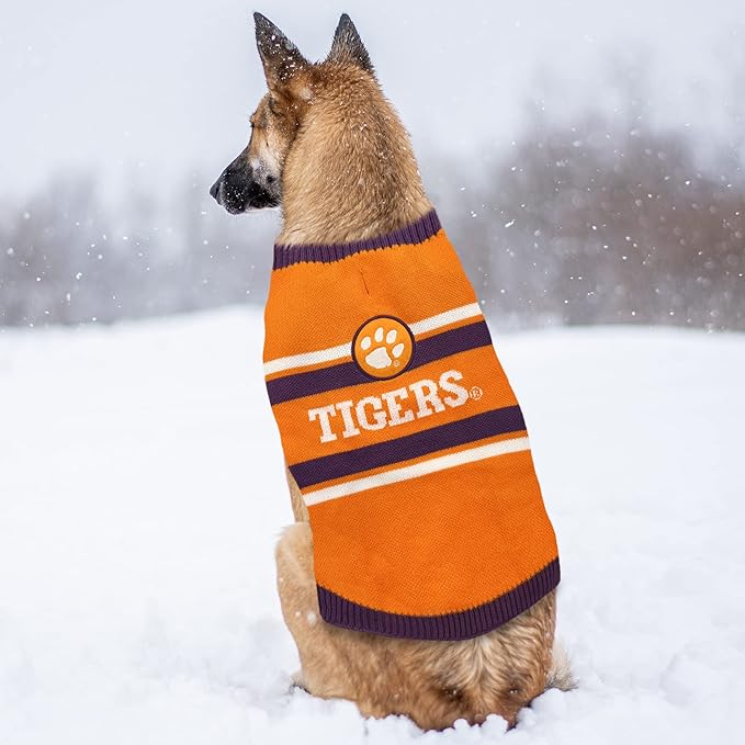 NCAA Clemson Tigers Dog Sweater, Size Large. Warm and Cozy Knit Pet Sweater with NCAA Team Logo, Best Puppy Sweater for Large and Small Dogs