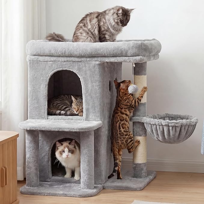 Heybly Cat Tree, 26.3-inch Cat Tower with Spacious Top Perch for Large Cats, Stair-Style Cat House Furniture with Dual-Layer Condos, Sisal Scratching Posts, Cozy Basket & Pompom, Light Gray HCT204SW