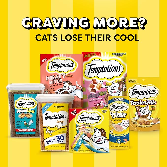 Temptations Jumbo Stuffed Cat Treats, Crunchy and Soft Cat Treats, Tempting Tuna Flavor, 14 oz. Tub
