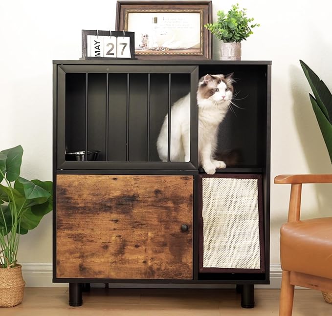 Cat Feeding Station with Scratching Board, Pet Feeder Station for Feeding & Watering Supplies, Cat Food Toy Storage Cabinet Storage Container, End Table Side Table, Black+Vintage