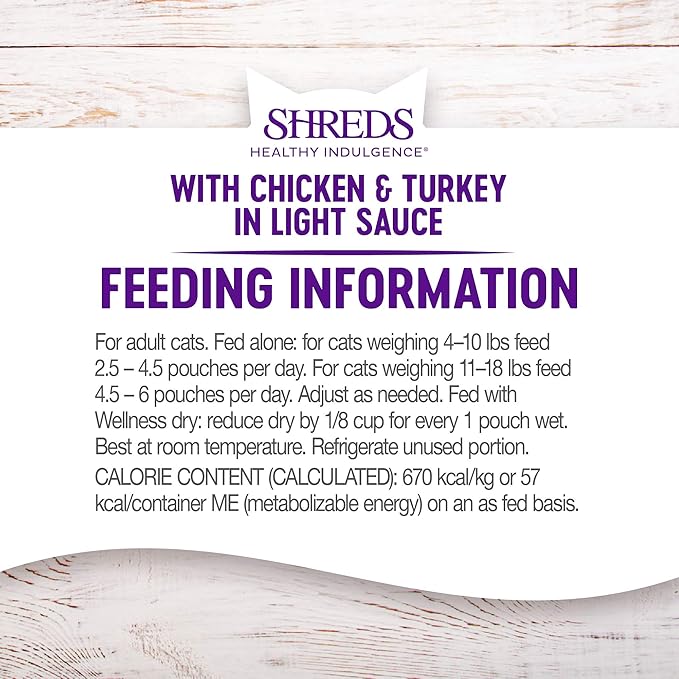 Wellness Healthy Indulgence Shreds Adult Wet Cat Food, Natural, Protein Rich, Grain Free, Chicken and Turkey Recipe, 3 oz, Pack of 24 Pouches
