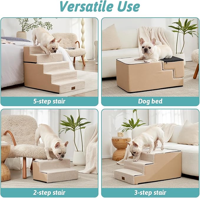 COZY KISS Dog Stairs for Small Dogs, 5 Tier Removable Wider Pet Stairs for Couch and Bed, 23.6" H Non-Slip Dog Steps for Puppies and Old Cats with Support Board, 19.7x29.5x23.6 inch, Beige