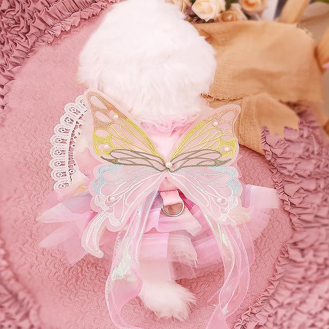 Pet Butterfly Dress,Pink Lolita Dress for Small Dogs Pet Princess Butterfly Wing Lace Tutu Skirt Cat Puppy Kitten for Summer Outfits Spring Gifts
