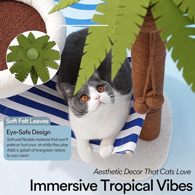 ZEZE Summer Coconut Island Cat Tree with Hammock & Bed — Tropical Palm Tree Cat Scratching Post, Cozy Plush Cat Nest, Sisal Rope Climbing Tower for Indoor Cats, Stable Base
