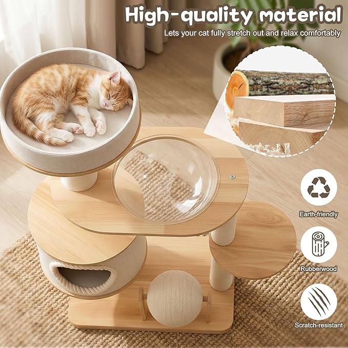 45IN Wooden Cat Tree for Large Indoor Cats, Multi-Level Cat Tower with Wide Base, Rubberwood Cat Condo, Space Capsule Bed, Scratching Posts, Reversible Mats & Modern Cat Furniture