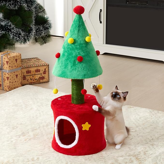 Cat Tree Tower for Indoor Cats, Small Cat Tree with Sisal Scratching Posts and Cozy Cat Bed, Multi-Functional Cat Furniture for Small and Adult Cats，Green&Red