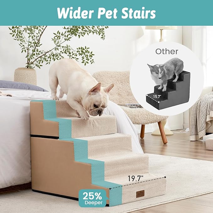 COZY KISS Dog Stairs for Small Dogs, 5 Tier Removable Wider Pet Stairs for Couch and Bed, 23.6" H Non-Slip Dog Steps for Puppies and Old Cats with Support Board, 19.7x29.5x23.6 inch, Beige
