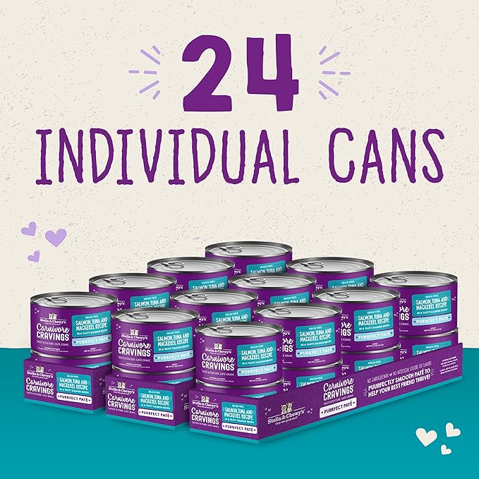 Stella & Chewy's Carnivore Cravings Purrfect Paté - Premium Grain-Free Wet Cat Food - Salmon, Tuna & Mackerel Recipe - High Protein with Bone Broth - Perfect for Picky Eaters - 2.8oz Cans (24 Pack)