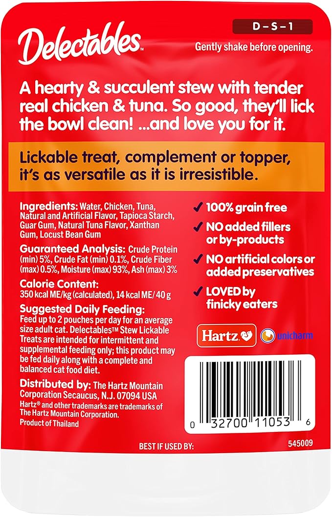 Delectables Lickable Treat Stew Wet Cat Treat with Real Chicken & Tuna, Food Topper, Hydrating, Grain-Free, No Fillers, No By-Products, No Added Preservatives, 1.4oz Pouch, 12ct
