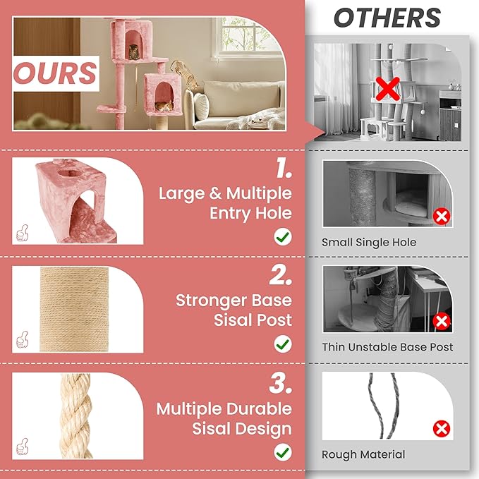 59in Large Cat Tree Tower for Indoor Cats with Soft Plush Hang Ball, Two Condos, Sisal Scratch Posts & Rope Play for Kittens/Adult Cats, Pink