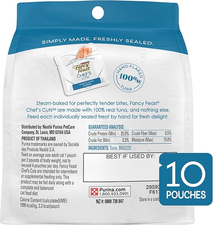 Purina Fancy Feast Purely Hand-Flaked Tuna Cat Treats, Steam-Baked Real Tuna, Pack of 5, 10 Count Pouches