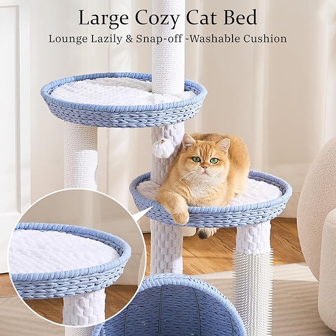 Wood Modern Cat Tree for Large Cat, 46" Tall Cat Tower with Scratching Posts, Cat Condo, Aesthetic Multi-Level Cat Climbing Tree with Hand-Woven Bed for Adult Indoor Cats-Blue