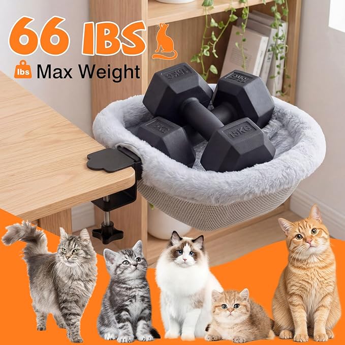 Cat Desk Bed - One-Click Folding Space-Saving Design, Cat Bed for Desk with Soft Faux Rabbit Fur Cover & Breathable Mesh Fabric, Cat Hammock Supports up to 66 lbs, Remote Workers Home Gaming