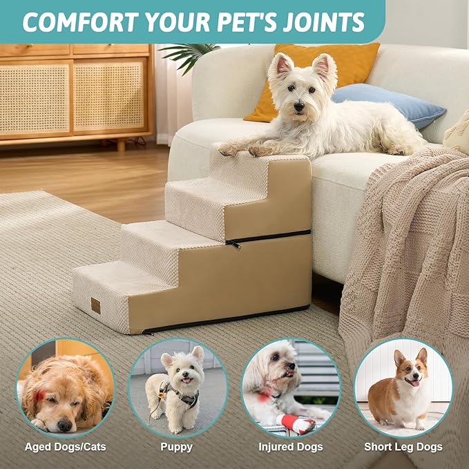 COZY KISS Dog Stairs for Small Dogs, 4 Tier Removable Pet Stairs for Couch and Bed, 17.7" H Dog Steps for Old Cats, Puppy, Small Dogs, 15.7x23.6x17.7 inch, Beige