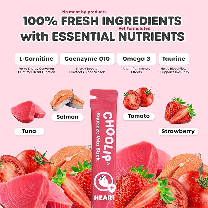 Choolip Squeeze Vita Stick Heart Support Cat and Dog Treats – 49-Count Salmon & Tuna Sticks with CoQ10, Taurine and L-Carnitine – Box with 7 Pouches, Vet-Formulated for Heart Health