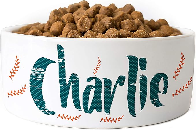 Personalized Dog Bowl w/Name, Ceramic Bowl for Dogs and Cats, 2 Sized for Small and Large Dogs - Pet Dish for Dry or Wet Food and Water, Pet Owner Gifts, Custom Pet Food Bowl | Leaves, 6 inches
