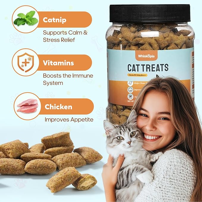13.4 OZ Crunchy Cat Treats for Indoor Cats Classic Crunchy and Soft Kitten Snack with Real Chicken Training Biscuits for Teeth Cleaning Feline Snacks Tasty Catnip Flavor