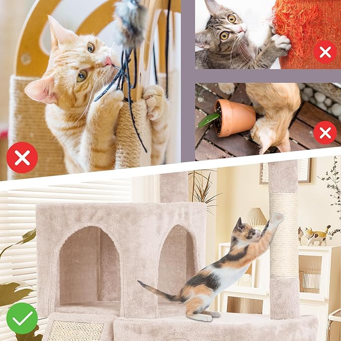 36 Inches Cat Tree for Indoor Cats, Multi-Level Cat Tower with Scratching Posts, Ramp, Plush Perch & 2 Condos, Stable for Multiple Cats Kittens House & Small Room, Beige