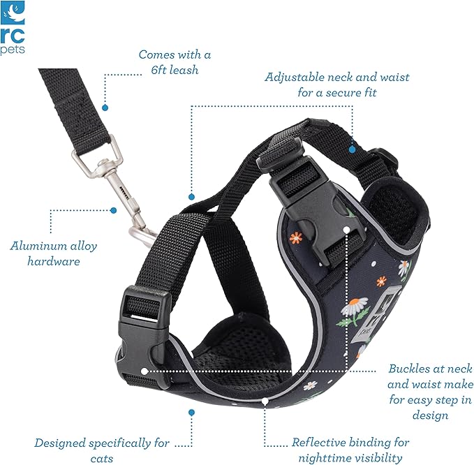 RC Pets Adventure Kitty Cat Harness | Adjustable Airmesh Vest with D-Ring and 6ft Leash for Walking and Travel | Daisies, Medium
