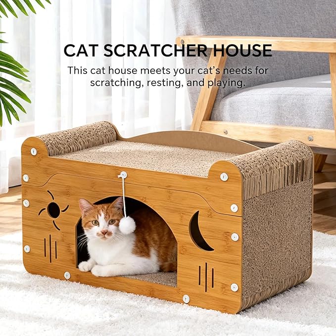 Wooden Cat Scratching House: 3-in-1 Cave, Bed, and Toy Hideaway - – Durable Indoor Hideaway Furniture for Cats & Kittens