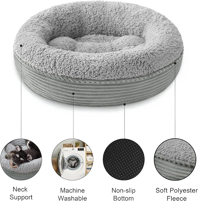 Love's cabin Round Donut Cat and Dog Cushion Bed, 20in Pet Bed for Cats or Small Dogs, Anti-Slip & Water-Resistant Bottom, Super Soft Durable Fabric Pet beds, Washable Luxury Bed Solid Grey Stripe