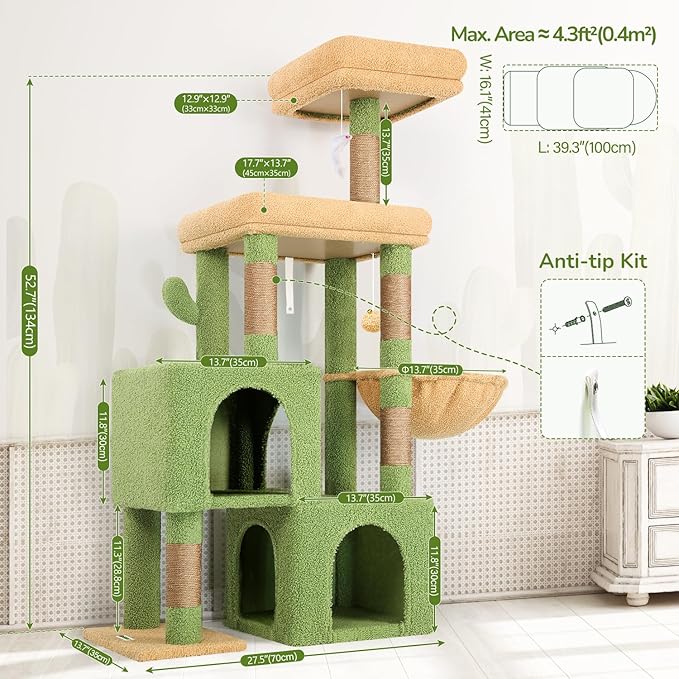 Globlazer Cactus Cat Tree Condo Tower for Indoor Cats, 52in Multi-Level Cat Scratching Tree with 2 Cat Condos, 5 Sisal Scratching Posts, 2 Padded Perches, Sturdy Basket, Widened Base, S52, Green