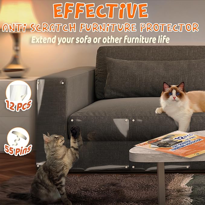 THLHKD Cat Scratch Furniture Protector: 12 Pcs Single Side Couch Protector from Cat Claws with 4 Holes, Easy to Stick & Fix, Furniture Protectors from Cats Scratching(12P+55 Pins)