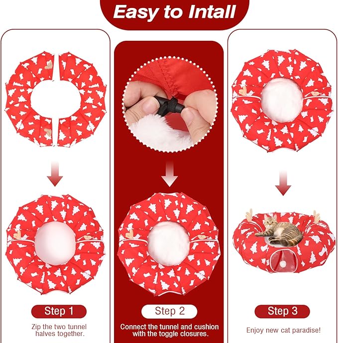 Cat Tunnel Bed Under Christmas Tree, 35' Xmas Peekaboo Cat Cave with Toy Balls and Circle Cushion. Multifunctional Playground Pet Toys Gifts for Kitty, Rabbit and Small Animals, Red + White