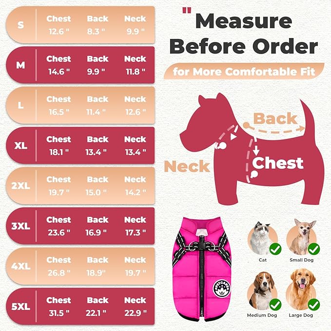 PETCARE Winter Dog Coat with Harness Built in Waterproof Dog Jackets Warm Pet Fleece Vest Windproof Snow Jacket Snowsuit Reflective Dogs Cold Weather Coats for Puppy Small Medium Large Dogs Cats