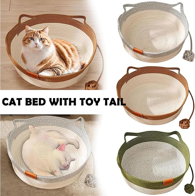 Instinct Basket, Stimuli Cat Bed with Toy Tail, Stimulicat Bed Rope Cotton with Cushion, Cats Ear Design, Breathable All Season Universal, Scratch-Resistant (Gray,Large)