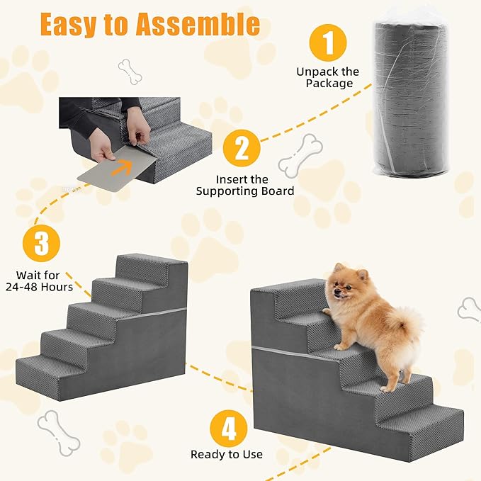 NEWBULIG 5-Step Dog Stairs, 22.5" H Dog Steps for High Bed, Non-Slip Sturdy Pet Steps for Small Dogs and Cats, Pet Ramp for Sofa and Chair Indoor(Grey)