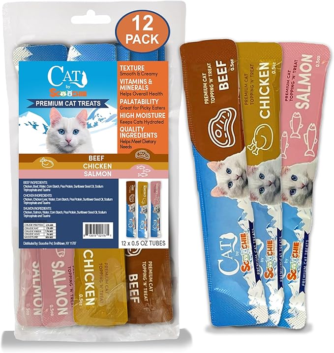 Scoochie Pet Products Cat by Scoochie Assorted Lick Treats – Chicken, Salmon & Beef | 0.5oz | 12 Pack