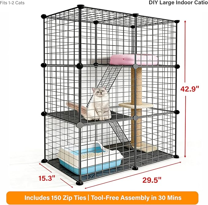 DIY Modular Cat Playpen 2x3x1 Grid | Compact Indoor Cat Enclosure | Foldable Black Wire Metal Cat Cage with Multi-Level Shelves | Fits 1 Cat (43.7" x 29.5" x 15.35")