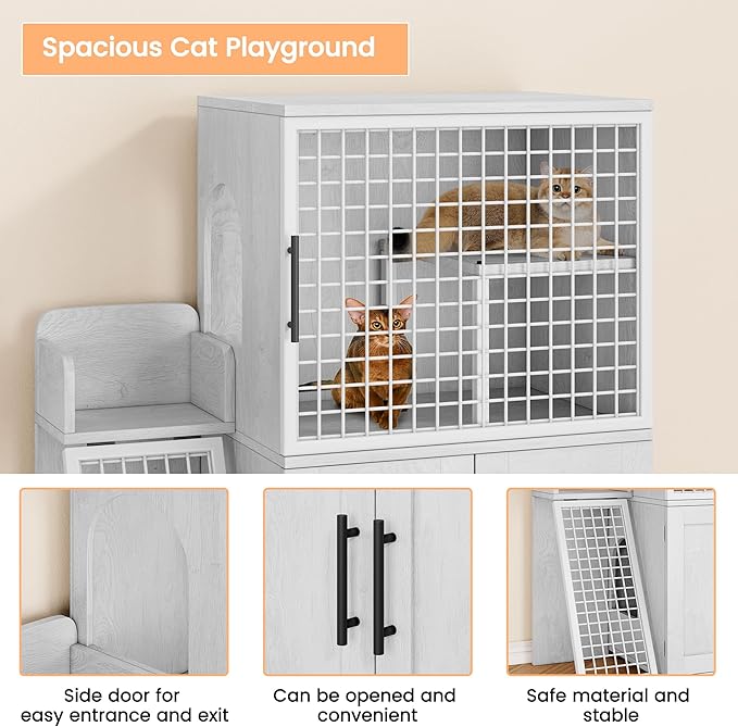 IDEALHOUSE Modern Cat Litter Box Enclosure with Platform, Double Layer Hidden Litter Box, Indoor Washroom, Villa Cat House with Ladder, 33.5" l x 17.9" w x 41.9" h,White