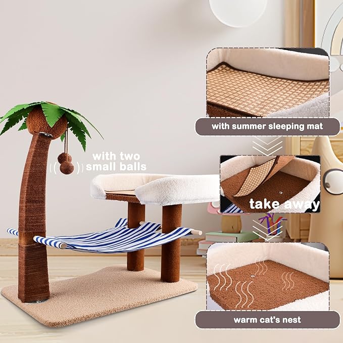 2 in 1 Cat Bed with Scratching Post, 29.5" Tall Sisal Rope Cat Scratching Post with Cat Bed Tower, Hammock and Hanging Ball for Indoor Adult Cat Small Kitten Rest and Fun
