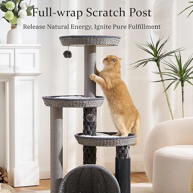 Wood Modern Cat Tree for Large Cat, 46" Tall Cat Tower with Scratching Posts, Cat Condo, Aesthetic Multi-Level Cat Climbing Tree with Hand-Woven Bed for Adult Indoor Cats-Grey
