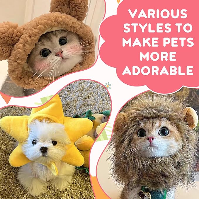 8 Pcs Cat Costume Hats, Cat Costume Halloween Bear Hat Outfit with Ears, Lion Pet Hat, Funny Pet Hats for Kitten and Small Dogs Puppy Party Christmas Easter Accessory Headwear