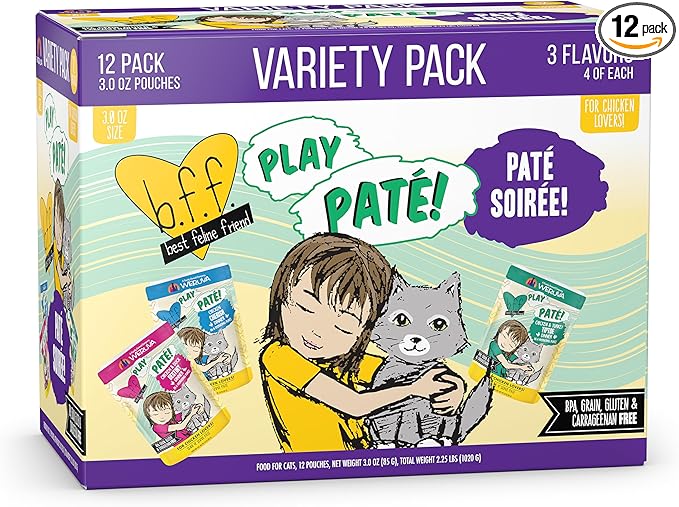 Weruva B.F.F. Play - Best Feline Friend Paté Lovers, Aw Yeah!, Paté Soiree! Variety Pack, 3oz Pouch (Pack of 12)