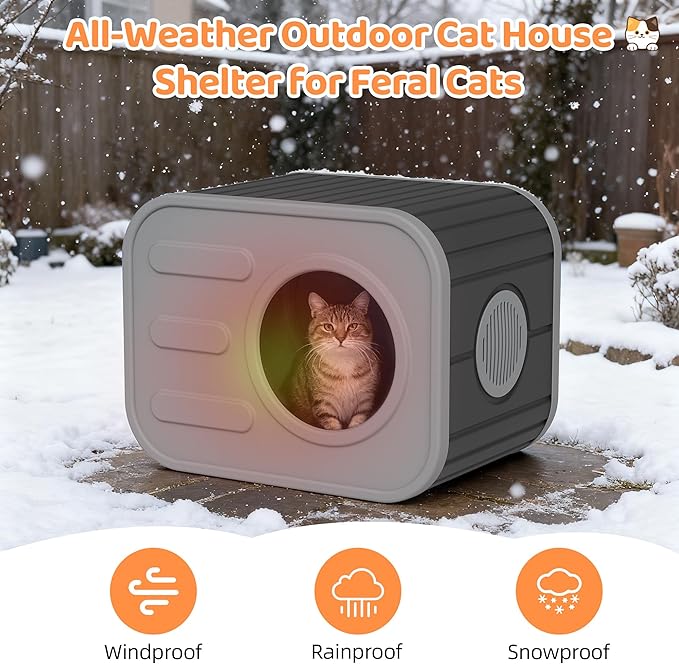 LHBcraft Outdoor Cat House Weatherproof, Feral Cat Houses for Outdoor Indoor Cats, Sturdy Resin Shelter with Camera-Shaped Design, Easy to Assemble Grey