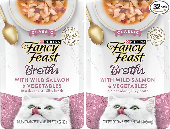 Fancy Feast Purina Lickable Wet Cat Food Broth Topper Complement,Classic with Wild Salmon and Vegetables - 1.4 oz. Pouches,(Pack of 32)