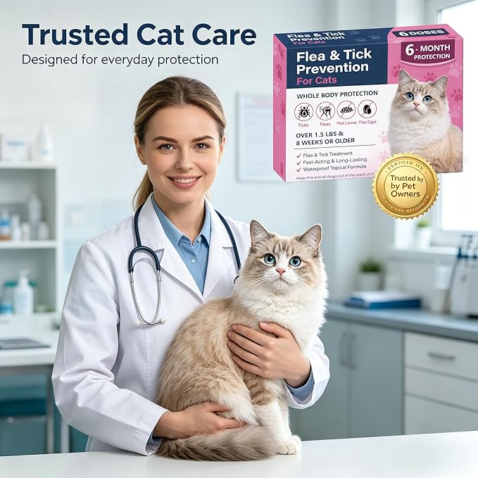 Cat Dewormer Topical Flea & Tick for Cats & Kittens, Monthly for Cats Over 1.5 lbs & 8 Weeks or Older, 6 Doses Supply Fast-Acting & Long-Lasting Waterproof Drops